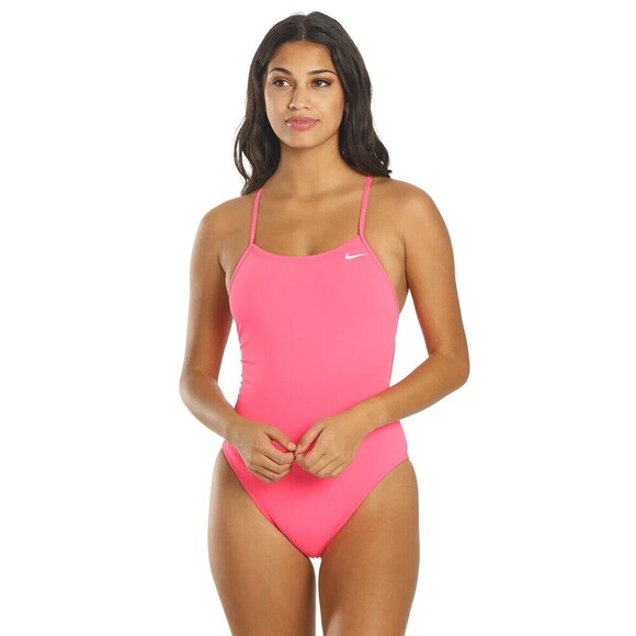 Nike Women's Lace Up Back One-Piece Swimsuit Playful Pink Logo Size L - Picture 1 of 12